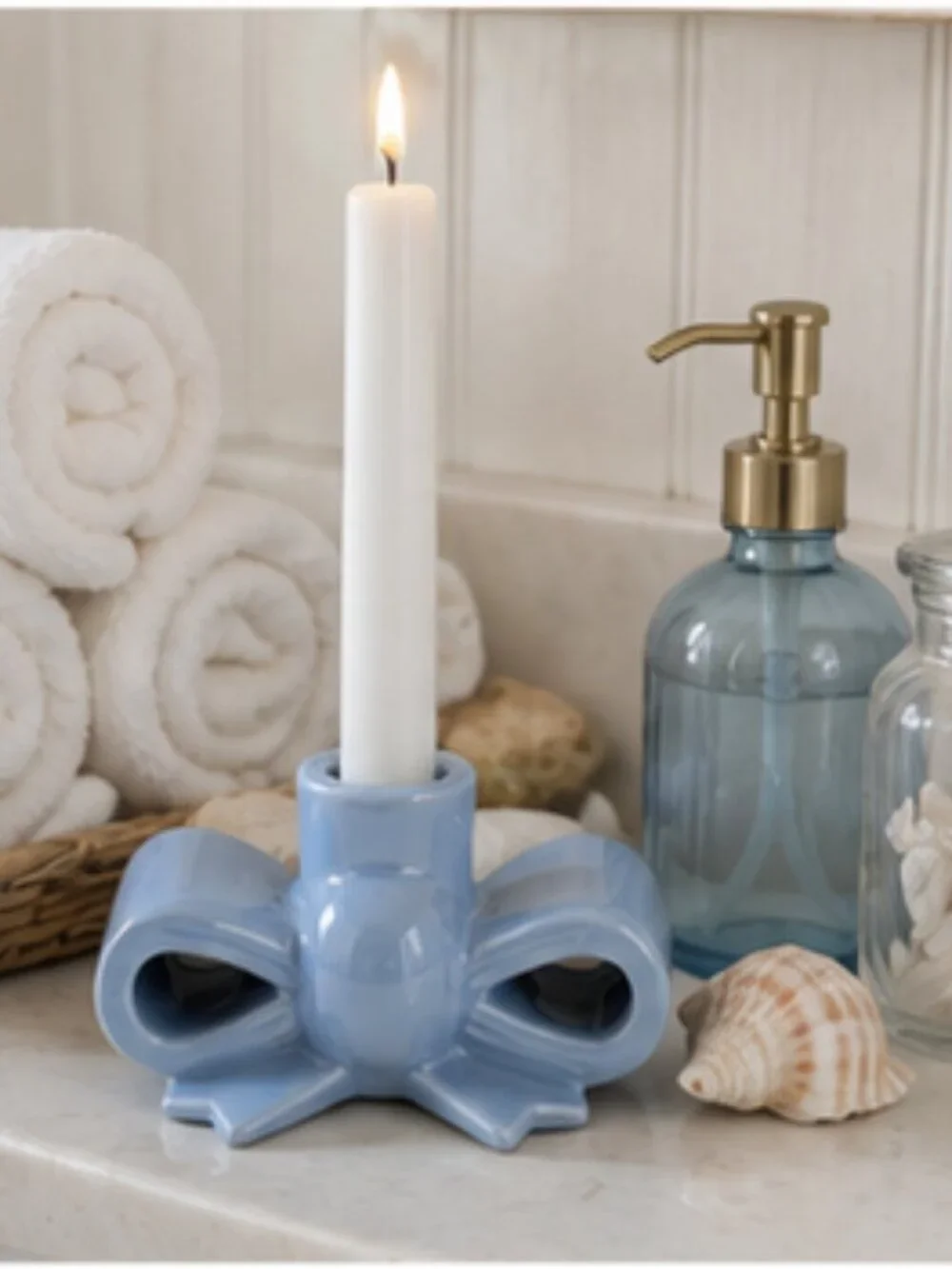 My Texas House Blue Ceramic Bow Taper Candle Holder 2.5